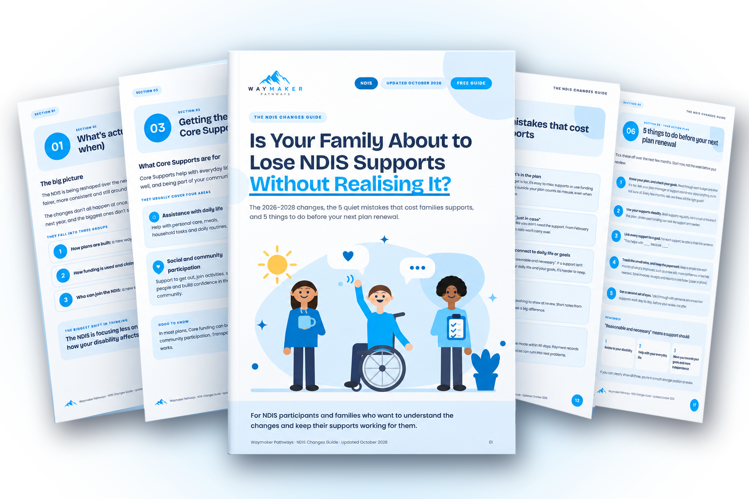 The free NDIS Changes Guide: the cover, Is Your Family About to Lose NDIS Supports Without Realising It?, fanned over inside pages from sections 1, 3, 4 and the before-review action plan. 20 pages, 6 short sections and a printable action plan, 100% free.